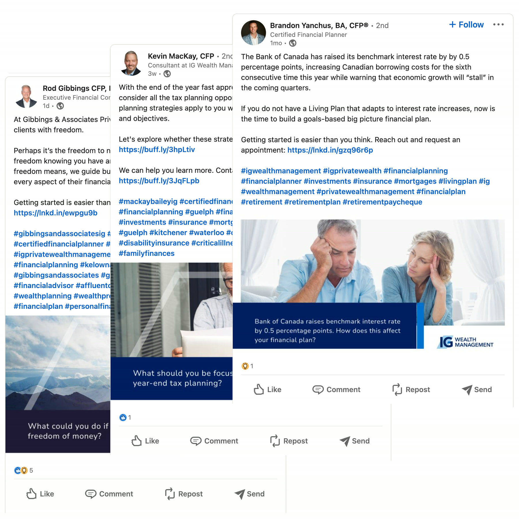 Three financial advisors' LinkedIn posts fanned out, each with its own branded card, hashtag block, shortened link and engagement counts, all produced and published by the pipeline.