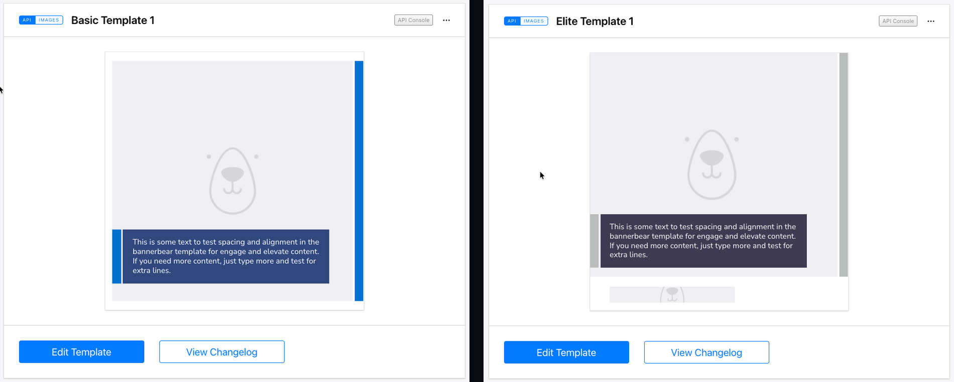 Two BannerBear templates side by side, Basic Template 1 and Elite Template 1. Both have a photo slot and a caption bar. The Elite one has an extra strip along the bottom for the advisor's own logo.