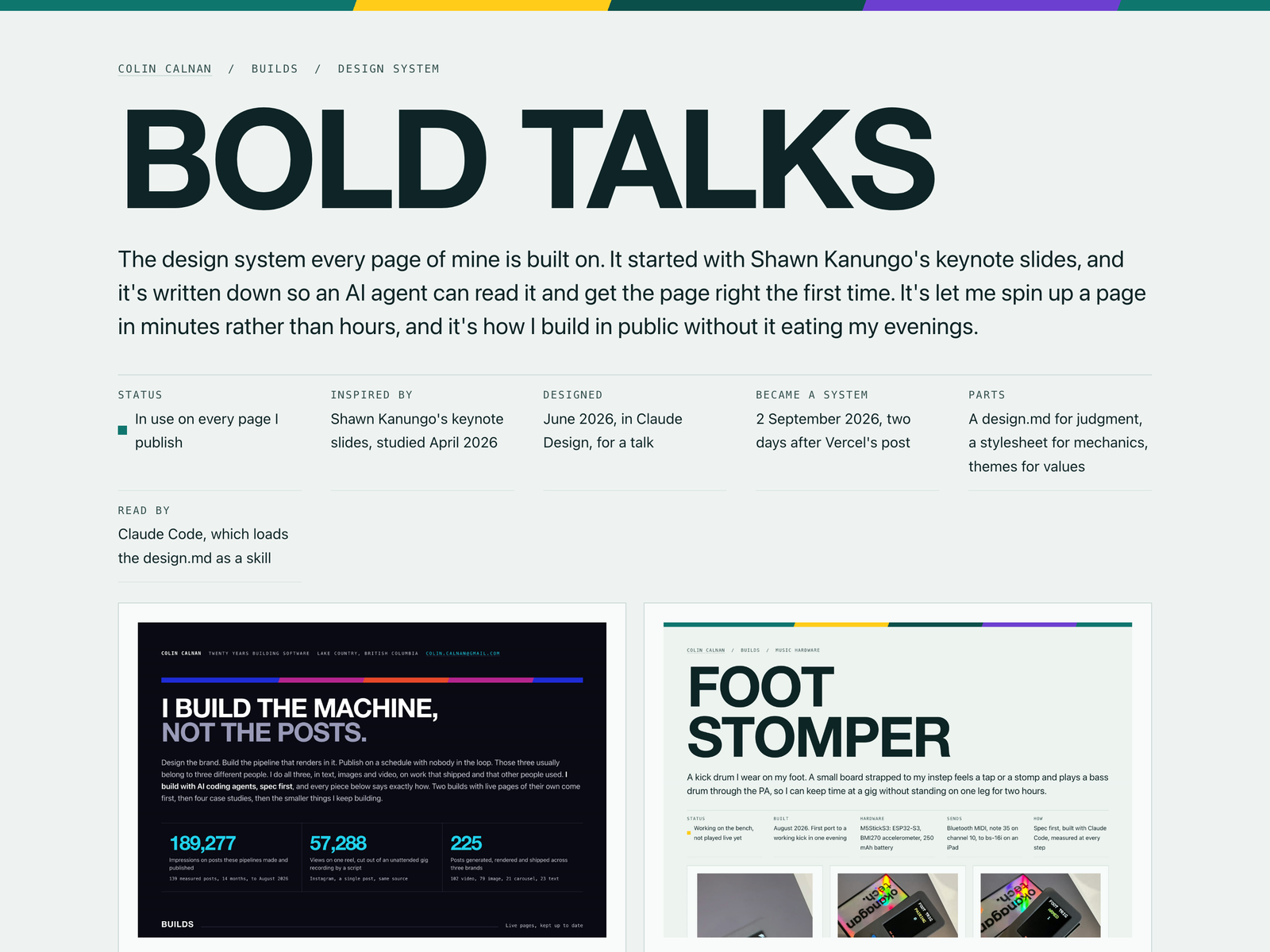 The top of the Bold Talks page: a pale teal-grey page under a teal, yellow and violet stripe, the huge title BOLD TALKS, and a line saying it is the design system every page is built on.