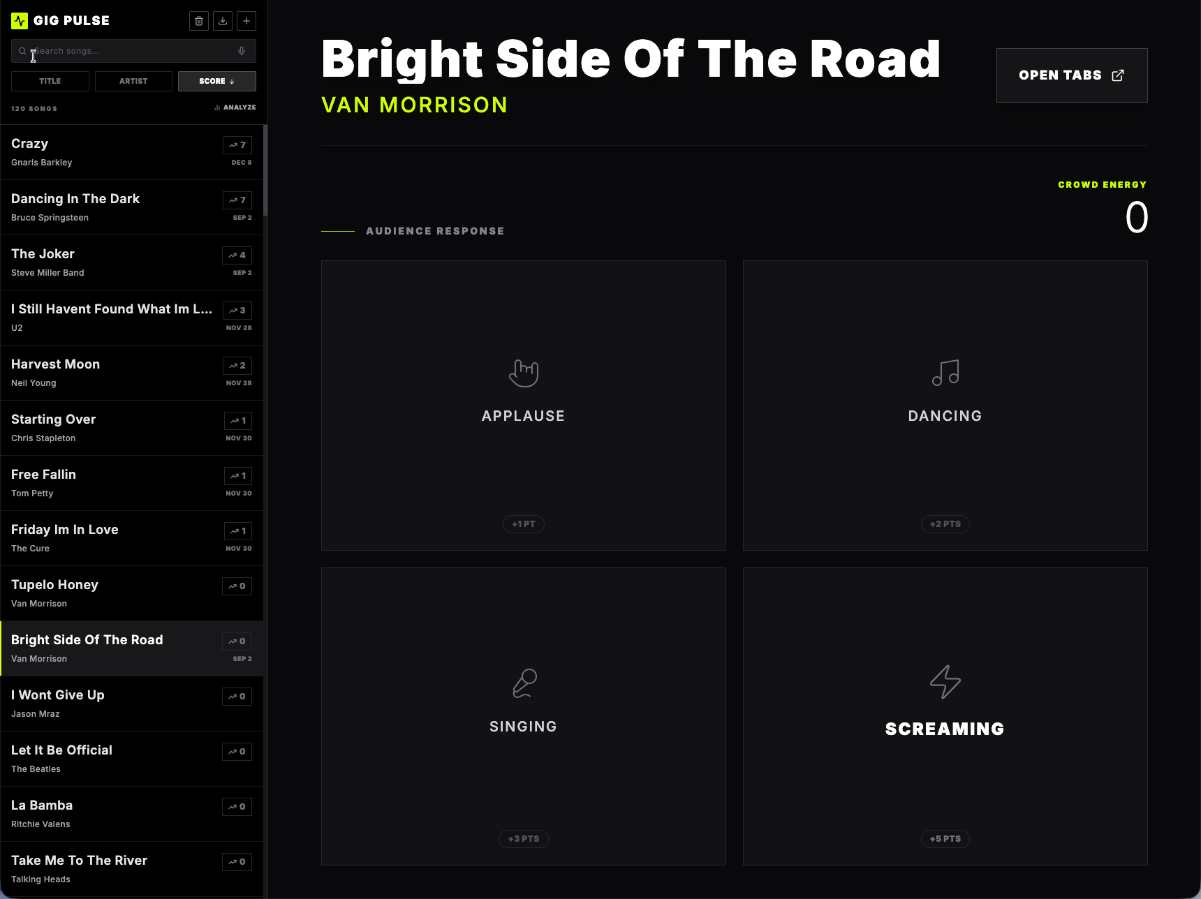 The Gig Pulse app on a dark screen: a scored song list down the left with Crazy, Dancing In The Dark and Free Fallin, and on the right the song Bright Side Of The Road with four tap targets, applause, dancing, singing and screaming, each worth a different number of points, above a crowd energy counter.