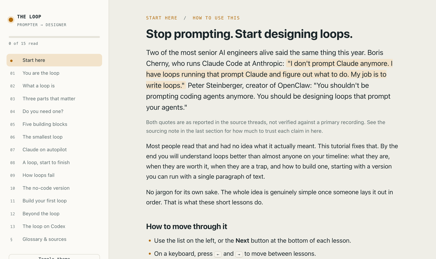 The loops field guide open at its first lesson: a sidebar listing fifteen numbered lessons with a progress counter, beside a page headed Stop prompting. Start designing loops.