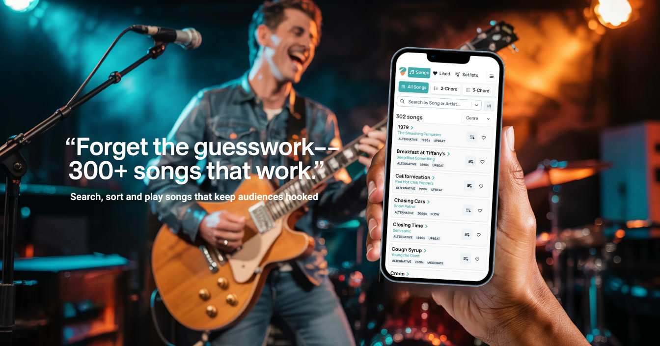 A wide marketing image for Set List Easy: a singer at a microphone under teal and amber stage light, beside a hand holding a phone showing the real song list filtered by chord count.