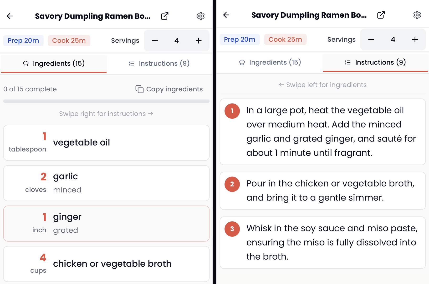 Two phone screens from Tidy Recipes, both on a dumpling ramen recipe. On the left the ingredients tab: prep and cook times, a servings control set to four, and the first ingredients as cards with the amount picked out in red. On the right the instructions tab with the first three numbered steps.