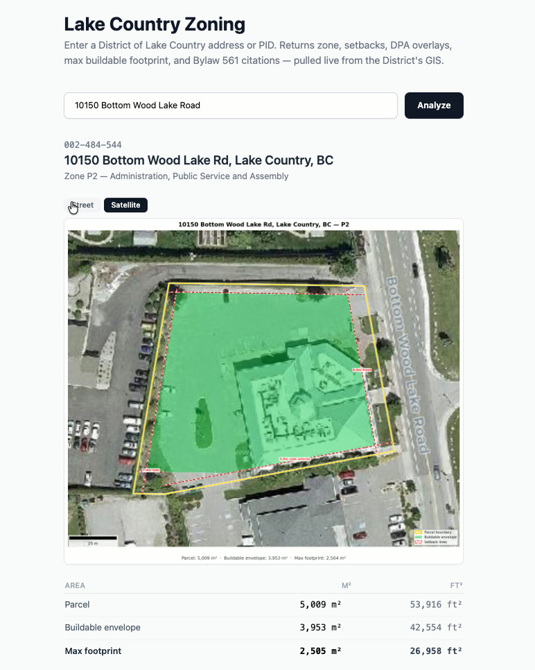 The Lake Country Zoning app after a lookup: the address, the zone, a satellite view with the lot outlined and the buildable area filled in green, and a table of the areas underneath.