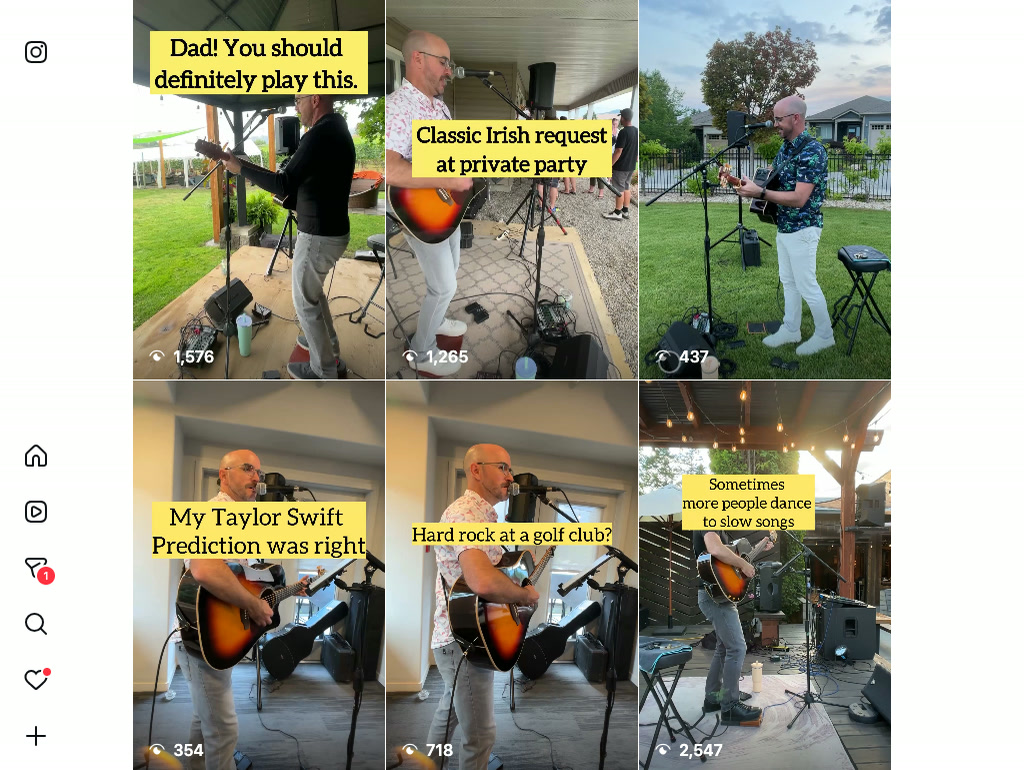 The account open in Instagram, six posts in a grid with the app's own sidebar down the left. Each post is a still from a cut clip with a yellow caption over it, and a view count underneath: 1,576, 1,265, 437, 354, 718 and 2,547.