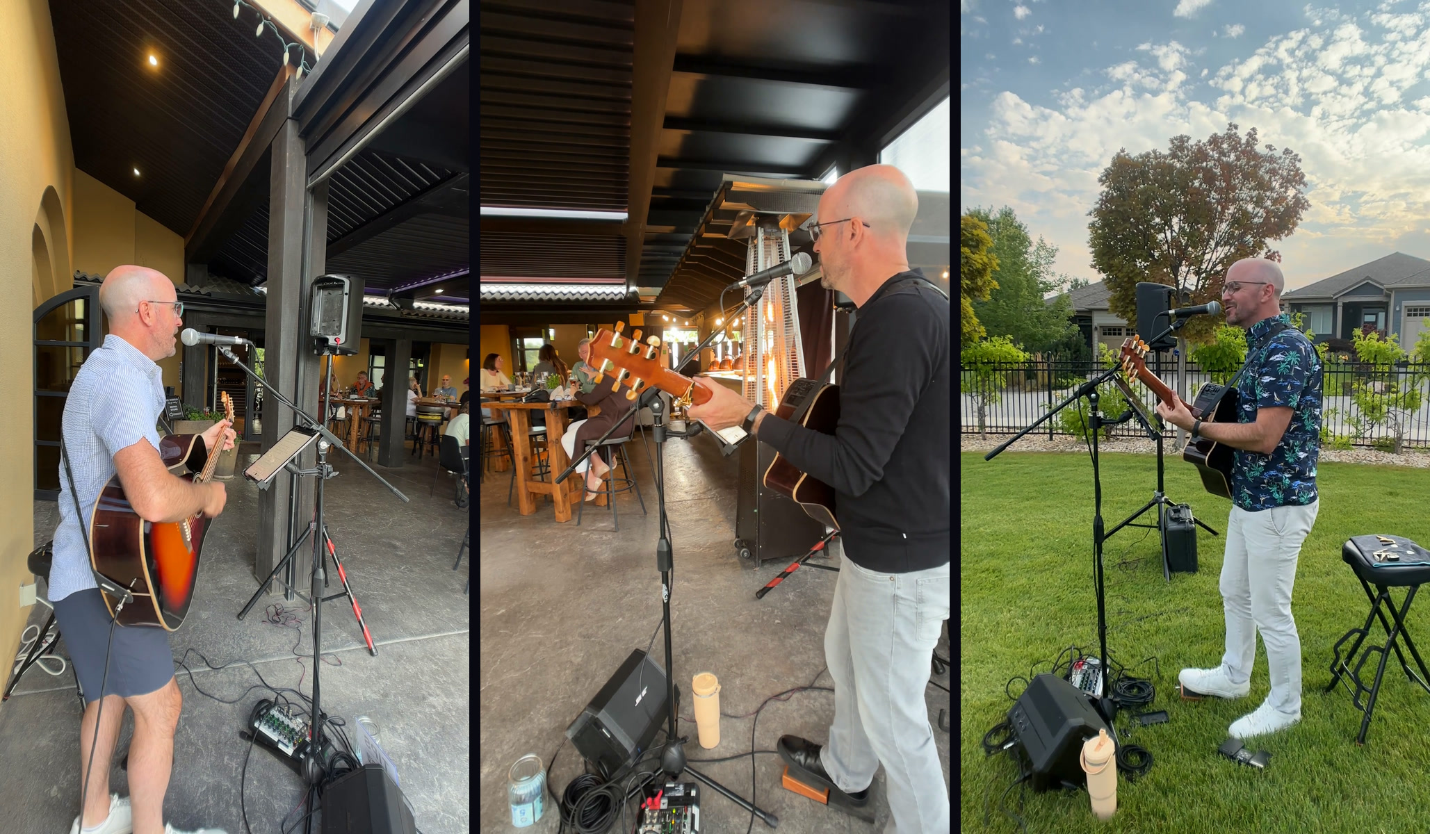 Three frames from cut reels, each from a different gig: a covered winery patio, a barn door open onto a vineyard, and a sunlit courtyard. Same setup every time, one phone on a stand.