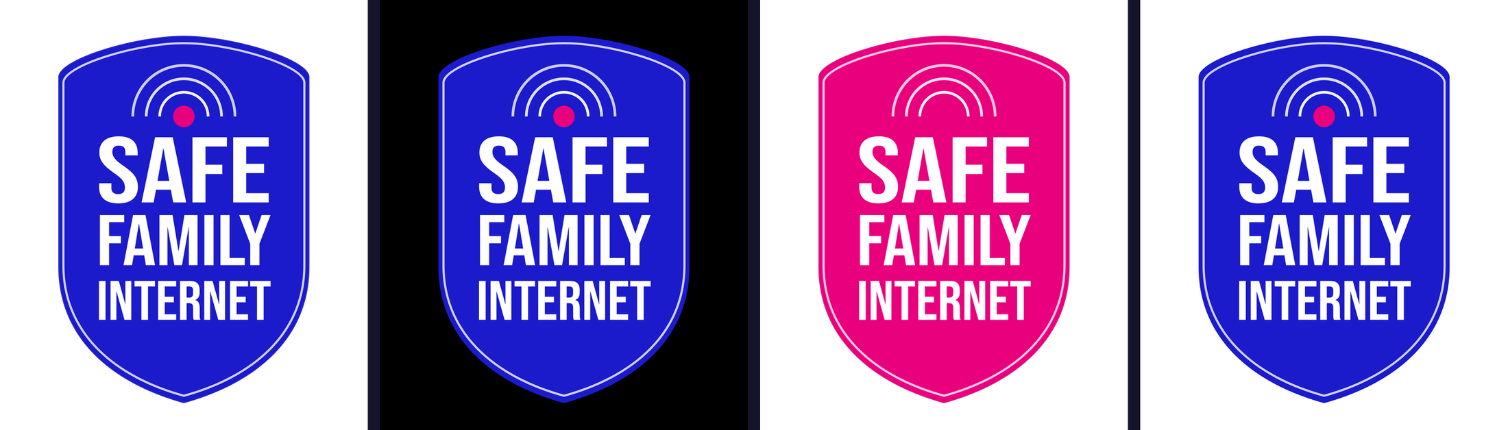Four versions of the Safe Family Internet shield side by side: primary cobalt on white, cobalt on black, magenta, and cobalt again, each with the wifi arcs, the pink dot and the stacked wordmark.