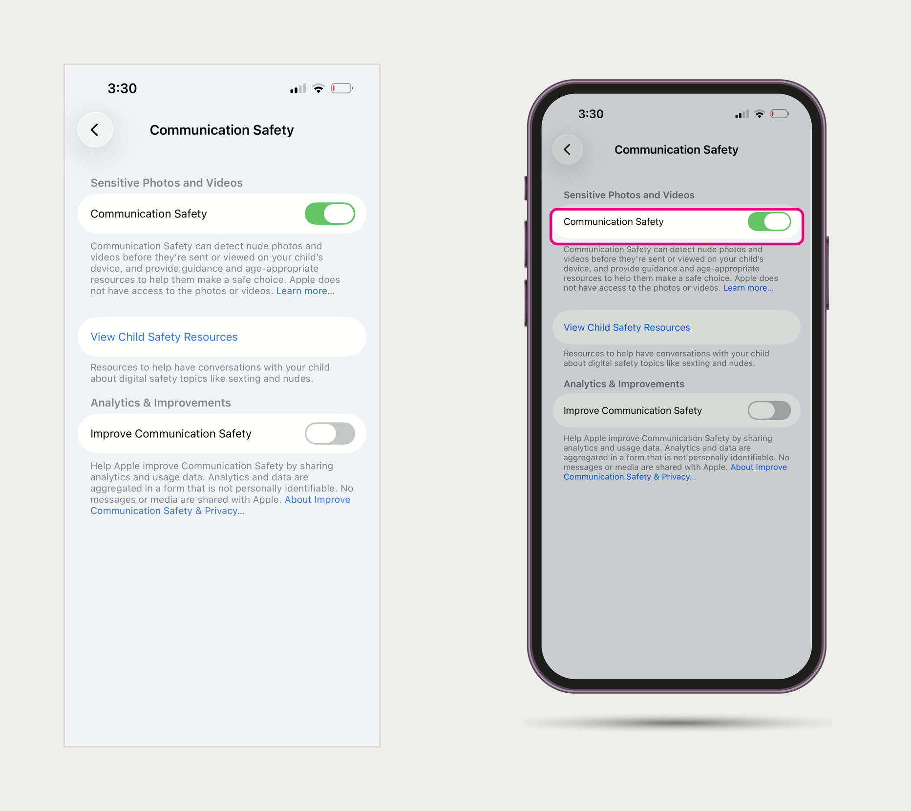 The screenshot pipeline, before and after. On the left a raw iPhone screenshot of a settings screen. On the right the same screen as a finished guide step, in a phone frame with the toggle ringed in brand pink.