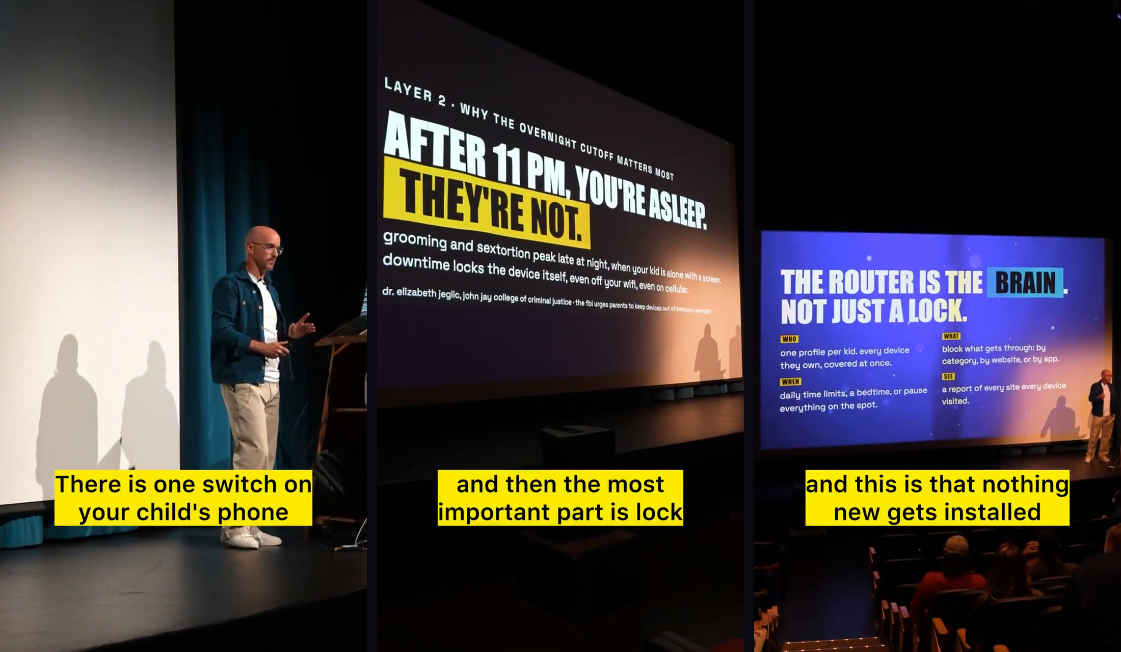 Three frames from a Safe Family Internet talk reel: Colin on stage with burned-in captions reading one switch stops every app install without your say-so, they can't install Snapchat, and there is one switch on your child's phone.