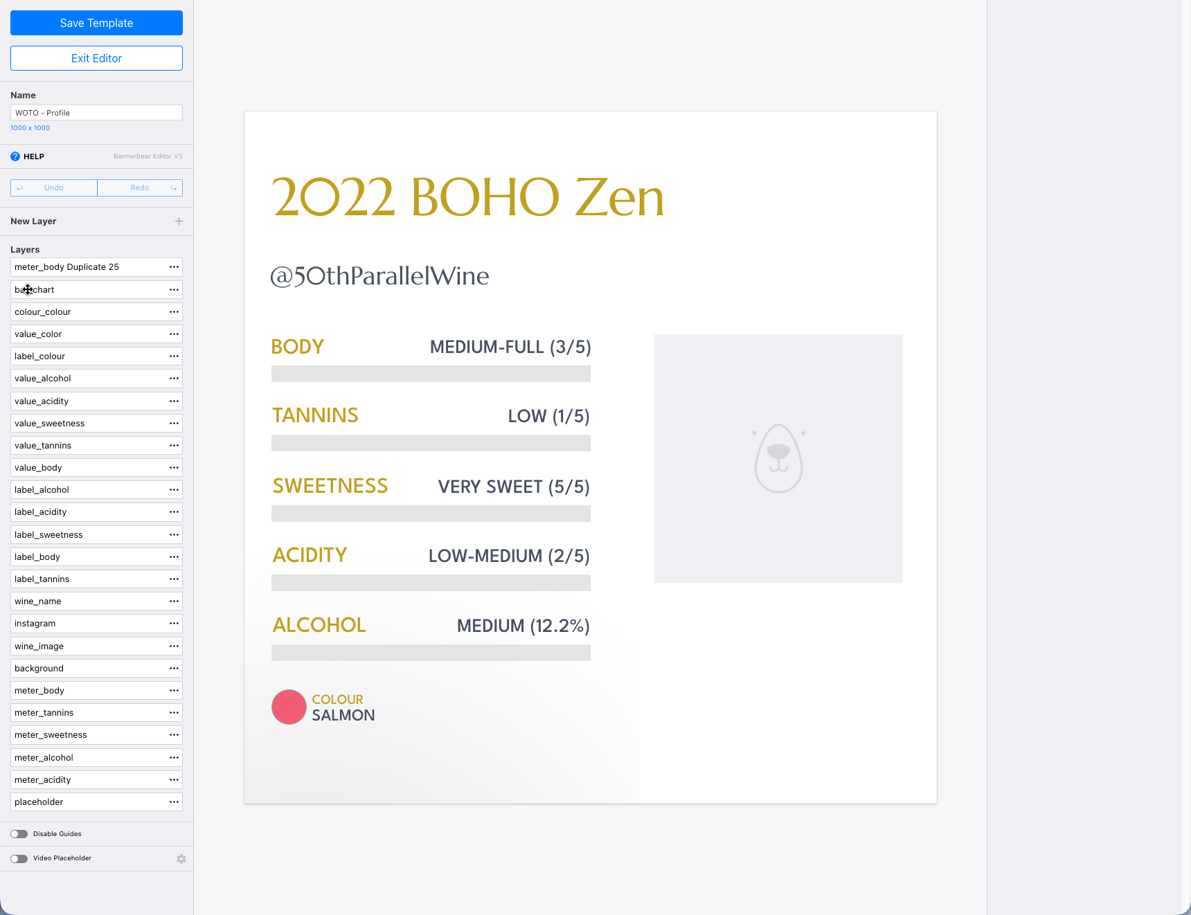 The BannerBear template editor showing the WOTO Profile template at 1000 by 1000, with a layer list of 28 named fields and a rendered preview of a wine profile card.