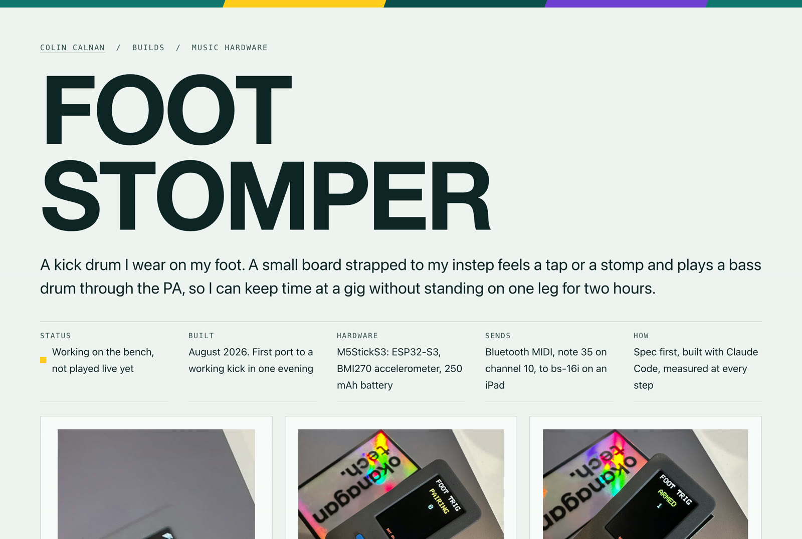 The top of the Foot Stomper build page in the teal theme: a pale teal-grey page with a teal, yellow and violet stripe, the huge title FOOT STOMPER, and the facts row.