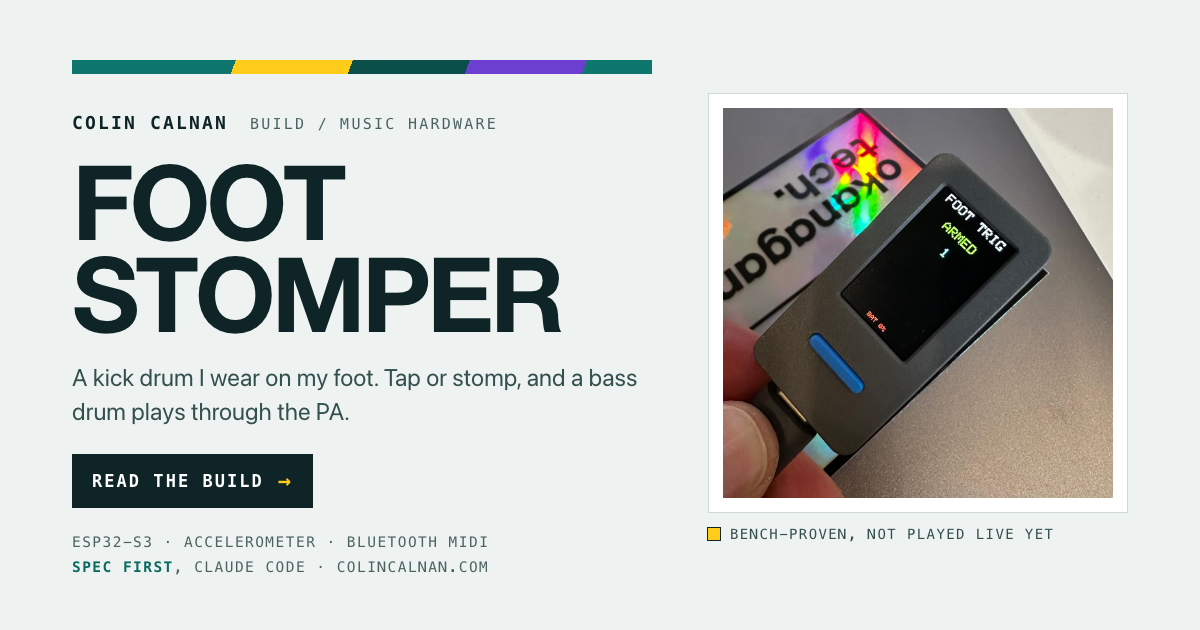 The Foot Stomper social card: light, the teal stripe, the title, a Read the build button and a photo of the device.