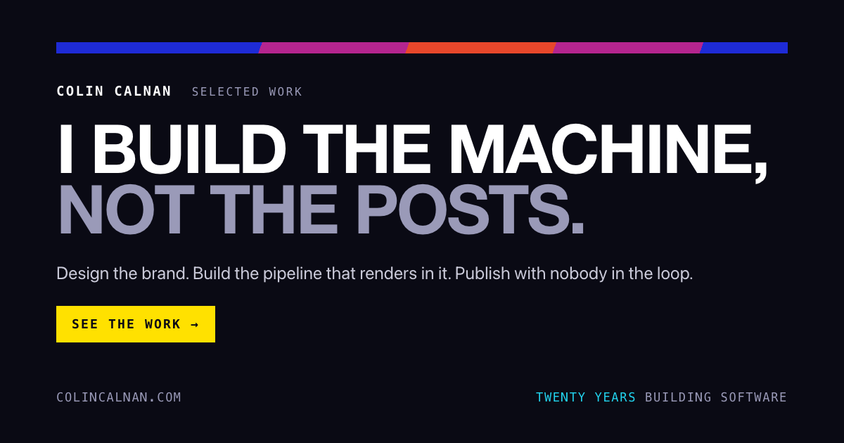 The portfolio's social card: dark, the Bold Talks stripe, I build the machine, not the posts, and a yellow See the work button.